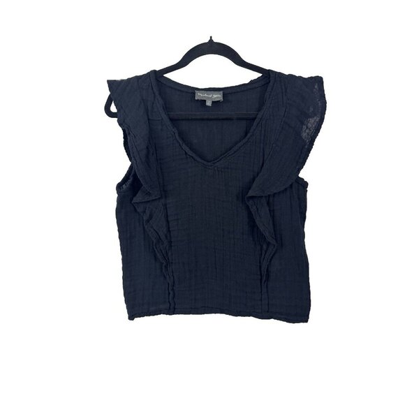 Michael Stars Womens Black Gauzey Ruffle short flutter sleeve cotton SZ S Blouse - Picture 1 of 6